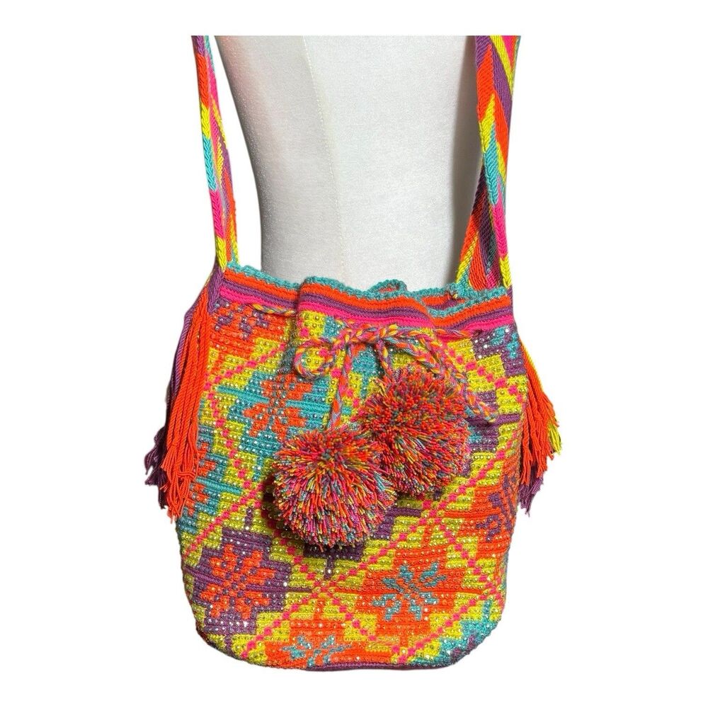 Hand Woven Large Bright Wayuu Mochila Bag Sparkling Rhinestones Tassels Pom Poms